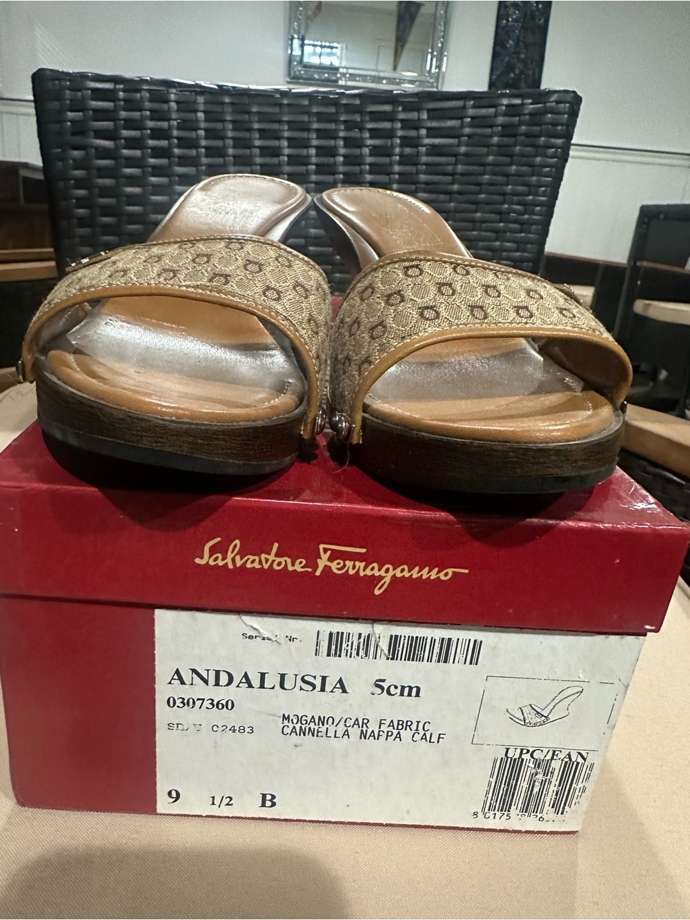 Salvatore Ferragamo Tan Patterned Canvas Slide Wedges